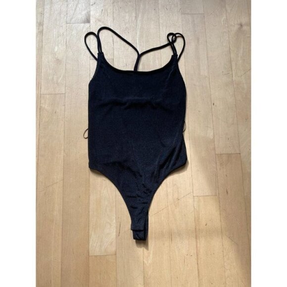 Elodie BNWOT womens black shimmer thong bodysuit t-strap back - Picture 2 of 7
